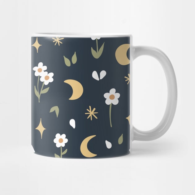 Boho Meadow At Night Celestial Floral Pattern Dark Blue by sziszigraphics